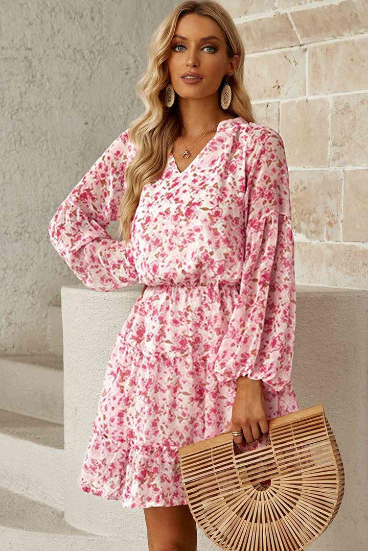 Floral Frill Trim Puff Sleeve Notched Neck Dress |1mrk.com