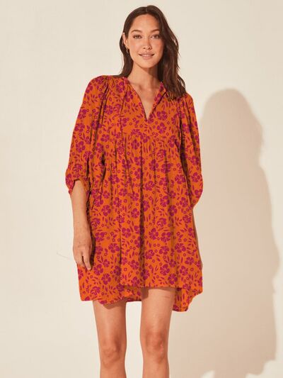 Floral Tie Neck Balloon Sleeve Dress |1mrk.com