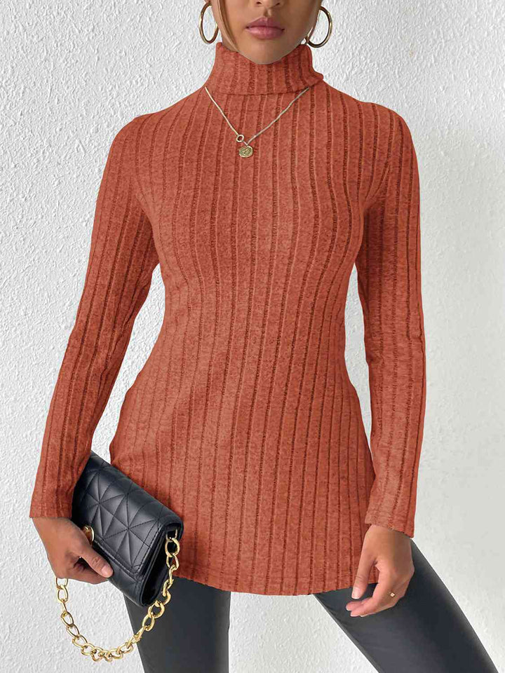 Ribbed Turtleneck Long Sleeve Slit T-Shirt | 1mrk.com