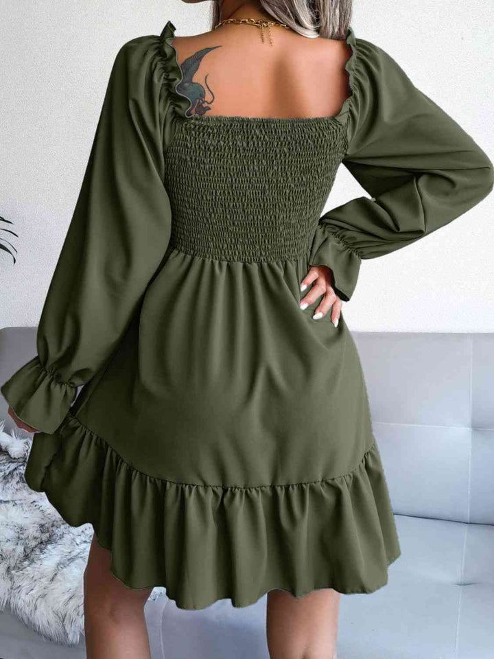 Smocked Flounce Sleeve Square Neck Dress |1mrk.com