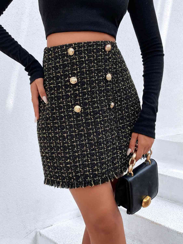 Plaid Double-Breasted Fringe Hem Skirt |1mrk.com