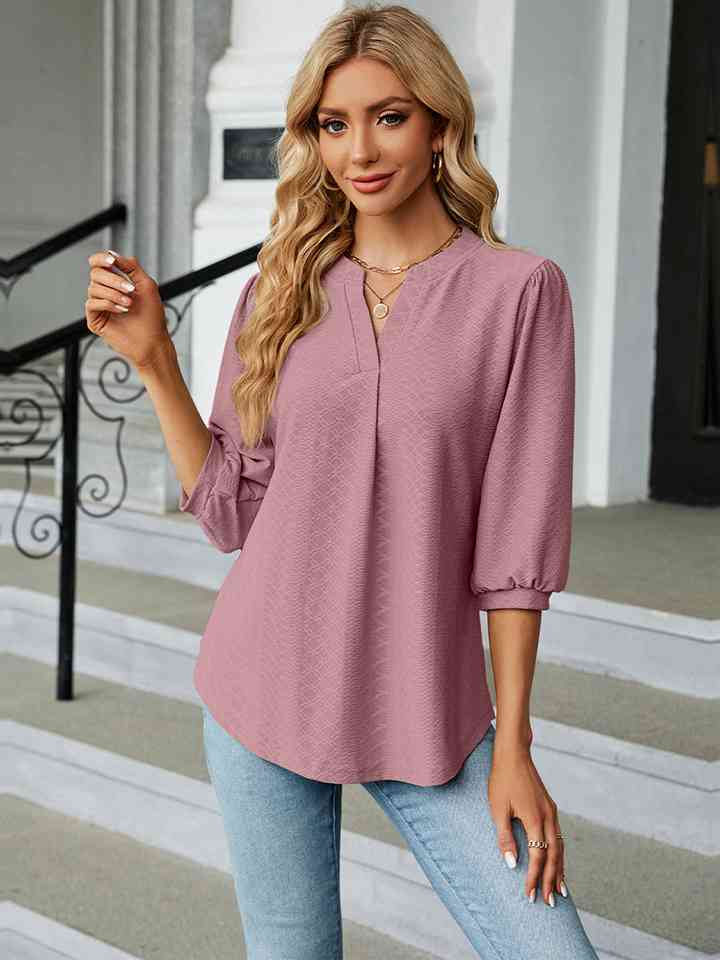 Notched Neck Three-Quarter Sleeve Blouse | 1mrk.com