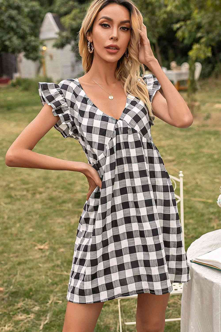 Plaid Butterfly Sleeve Deep V Dress |1mrk.com