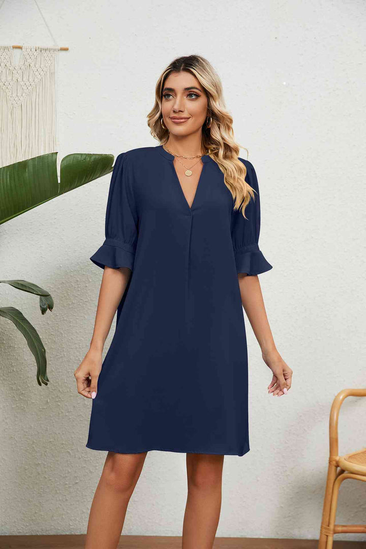 Notched Neck Flounce Sleeve Dress |1mrk.com