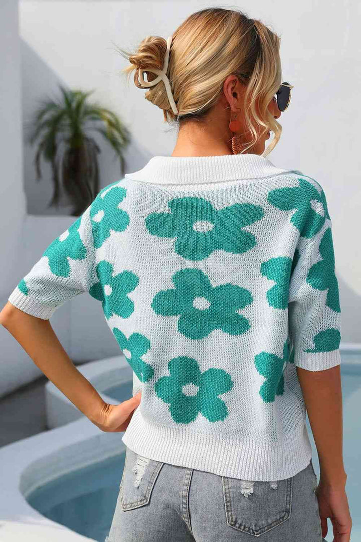 Floral Johnny Collar Half Sleeve Knit Top |1mrk.com