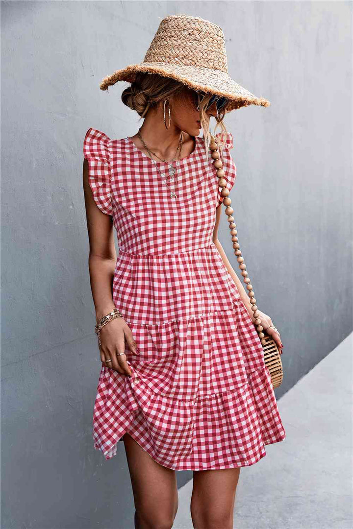 Gingham Ruffle Shoulder Tiered Dress |1mrk.com