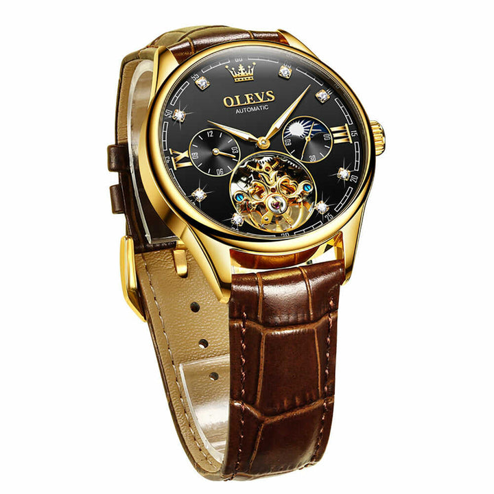 OLEVS 3601 Watch Tourbillon skeleton luxury business Moon Phase | 1mrk.com