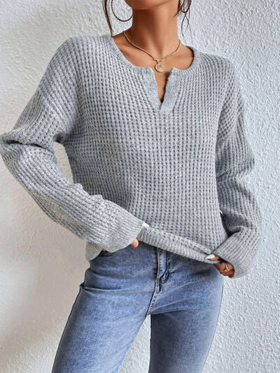 Notched Dropped Shoulder Sweater | Trendsi