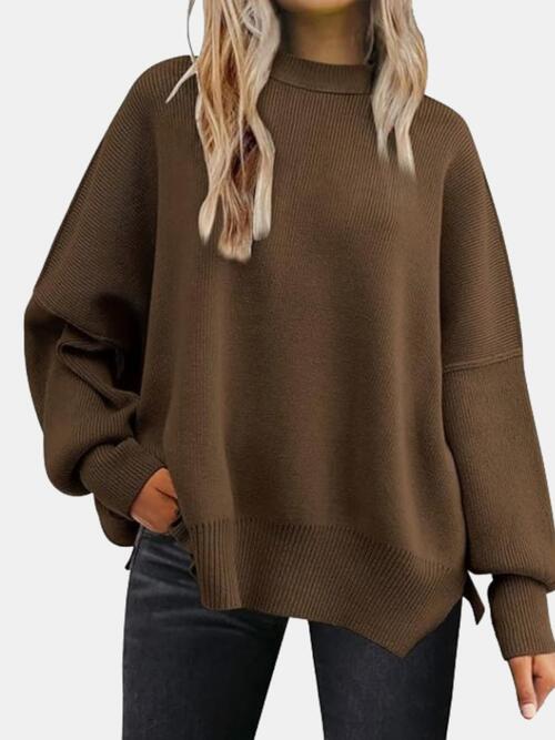 Round Neck Drop Shoulder Slit Sweater |1mrk.com