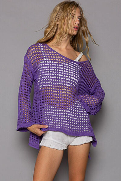 POL Openwork Flare Sleeve Knit Cover Up |1mrk.com