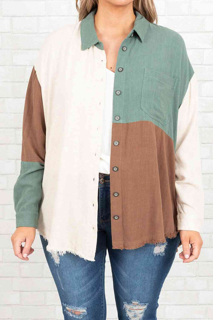 Plus Size Collared Neck Color Block Raw Hem Shirt |1mrk.com