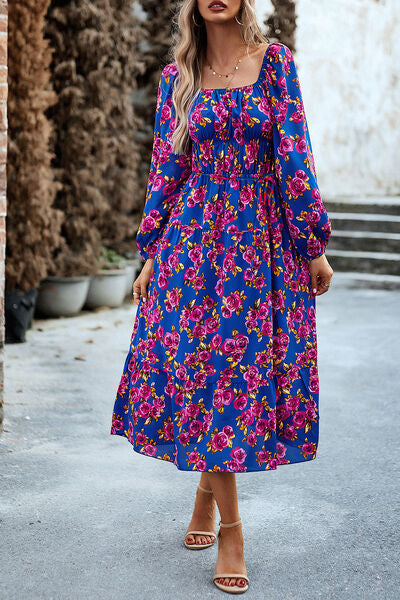 Printed Balloon Sleeve Pocketed Midi Dress |1mrk.com