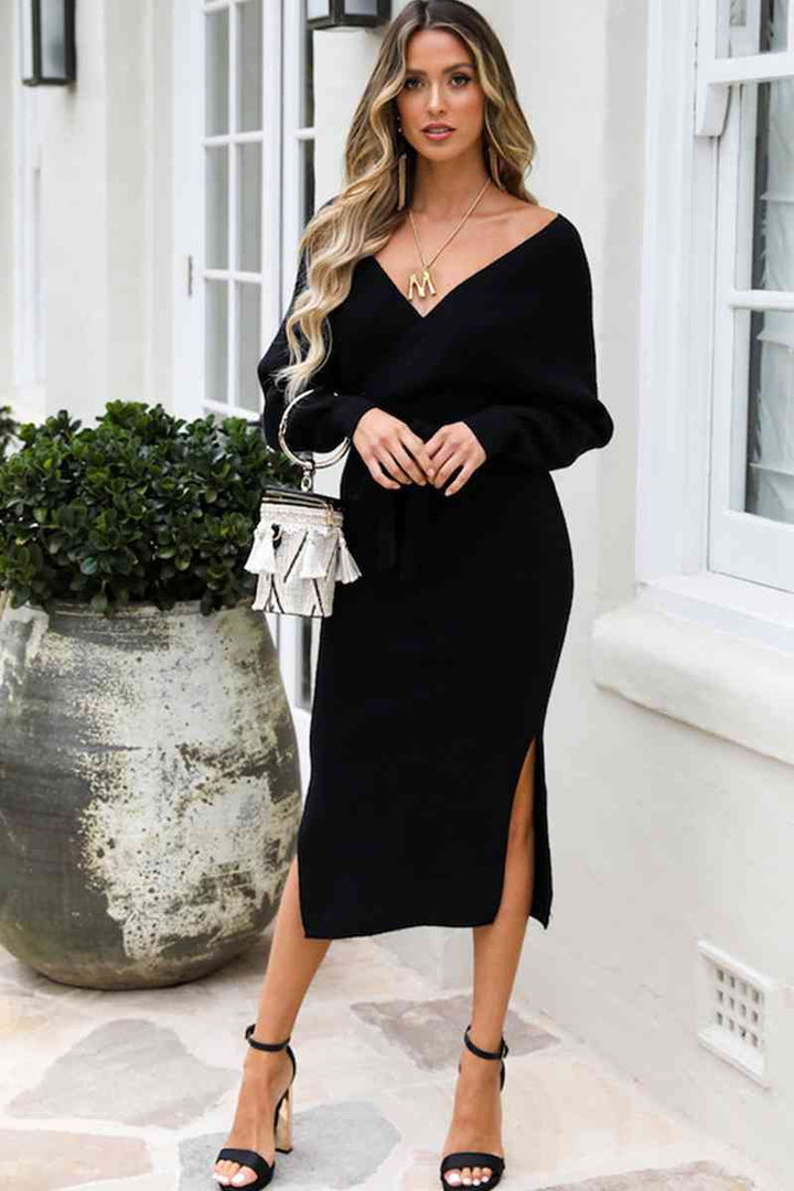 Surplice Neck Bow Waist Slit Sweater Dress |1mrk.com