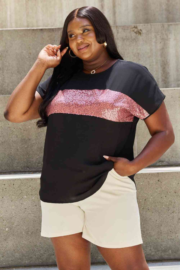 Sew In Love Shine Bright Full Size Center Mesh Sequin Top in Black/Mauve | 1mrk.com