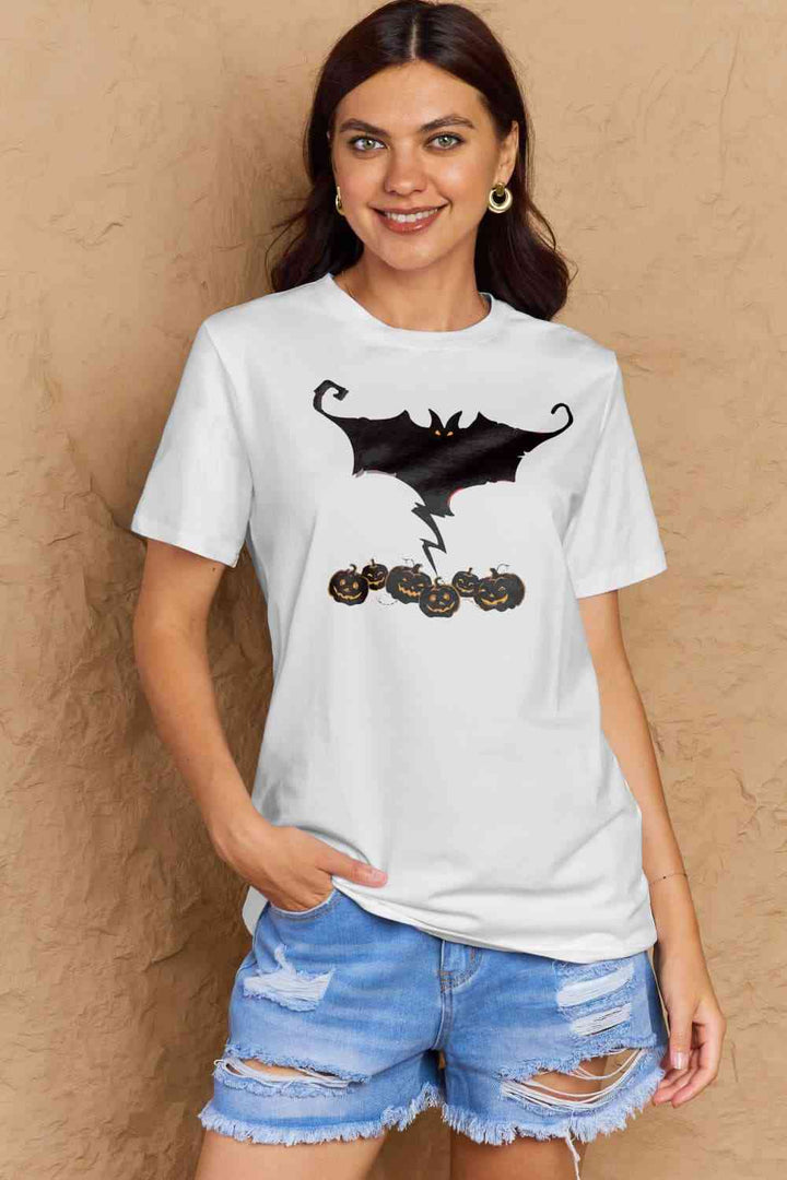 Simply Love Full Size Bat & Pumpkin Graphic Cotton T-Shirt | 1mrk.com
