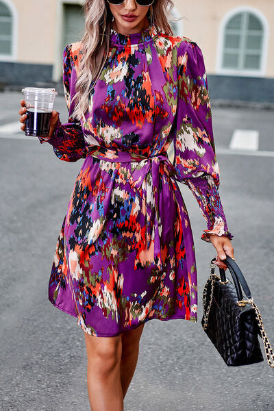 Printed Tie Waist Mock Neck Lantern Sleeve Dress |1mrk.com