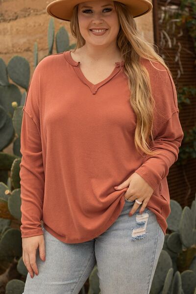 Plus Size Notched Long Sleeve T-Shirt | 1mrk.com