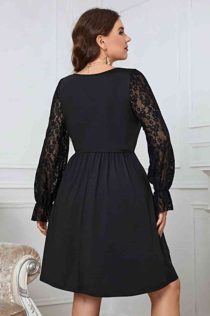 Melo Apparel Plus Size Lace Trim Round Neck Flounce Sleeve Dress |1mrk.com