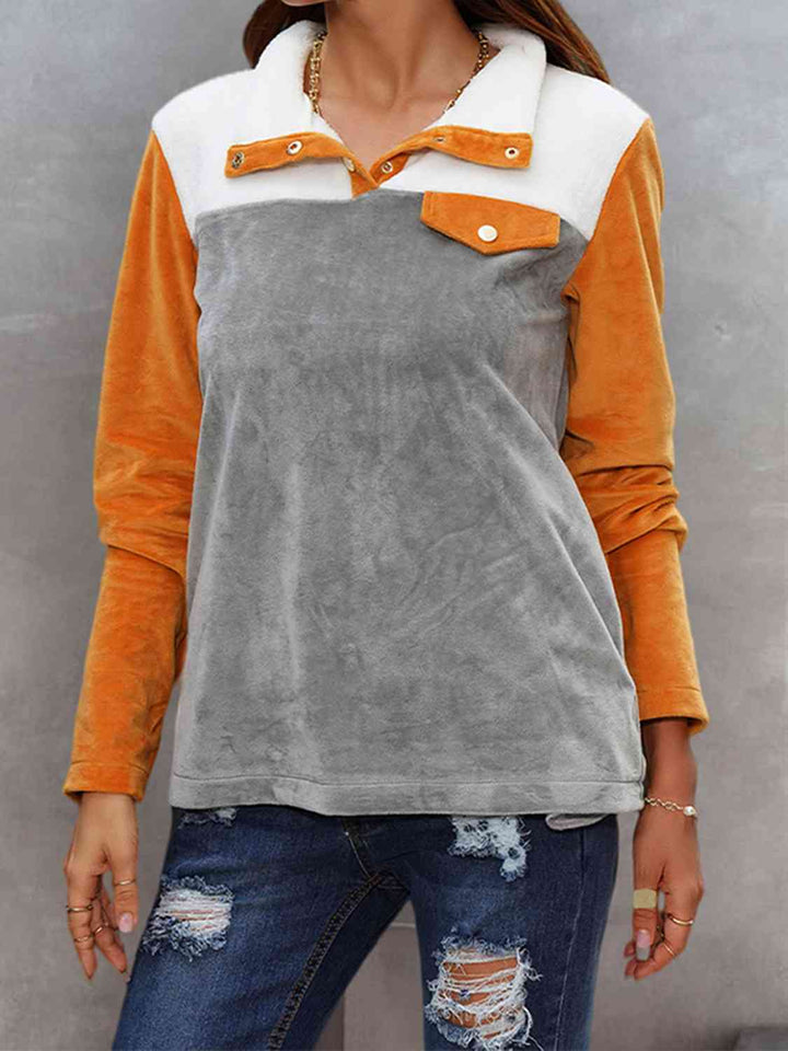 Color Block Collared Sweatshirt with Pockets |1mrk.com