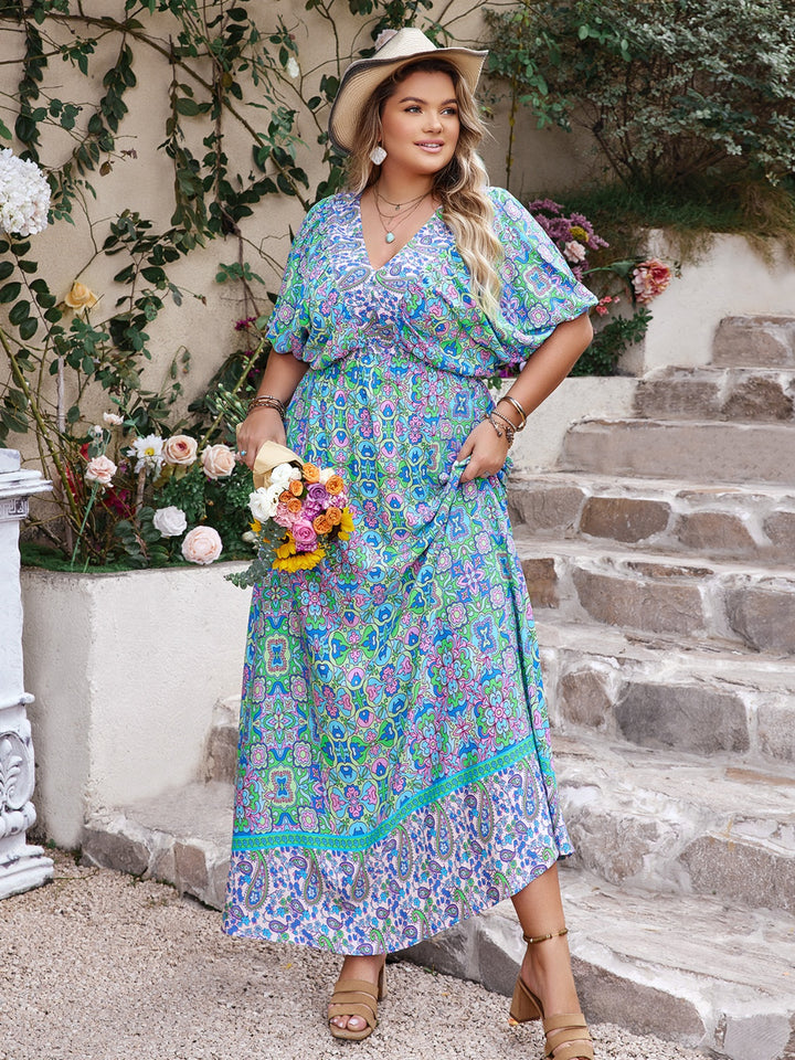 Plus Size Printed V-Neck Balloon Sleeve Dress | Trendsi