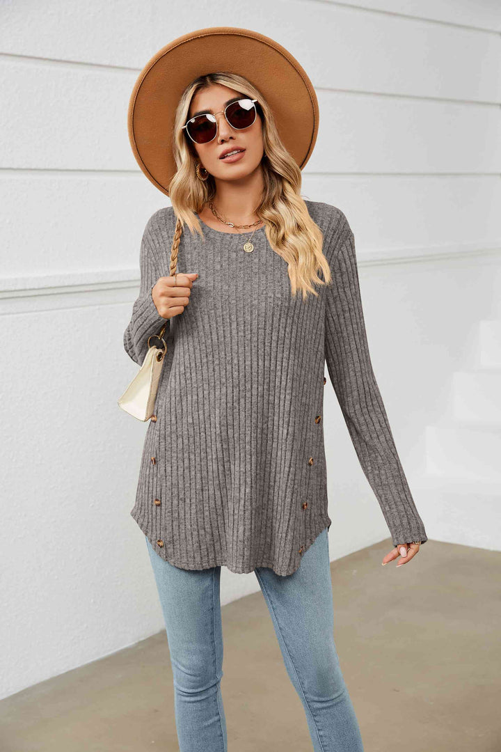 Round Neck Ribbed Long Sleeve T-Shirt | 1mrk.com