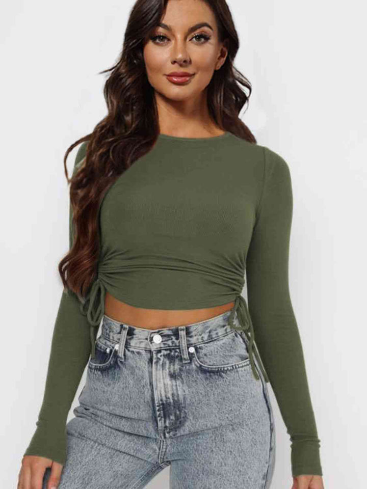 Drawstring Round Neck Long Sleeve Top | 1mrk.com