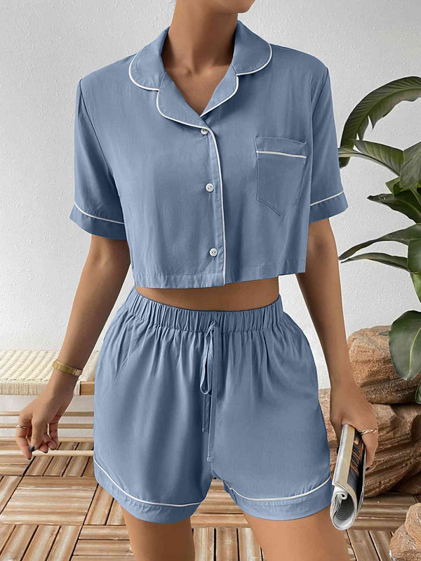 Contrast Lapel Collar Cropped Shirt and Shorts Lounge Set | 1mrk.com