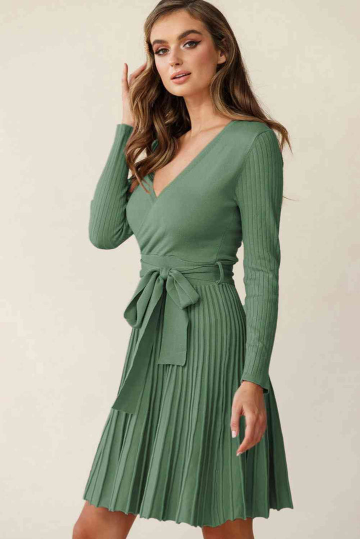 Surplice Neck Tie Waist Pleated Dress |1mrk.com