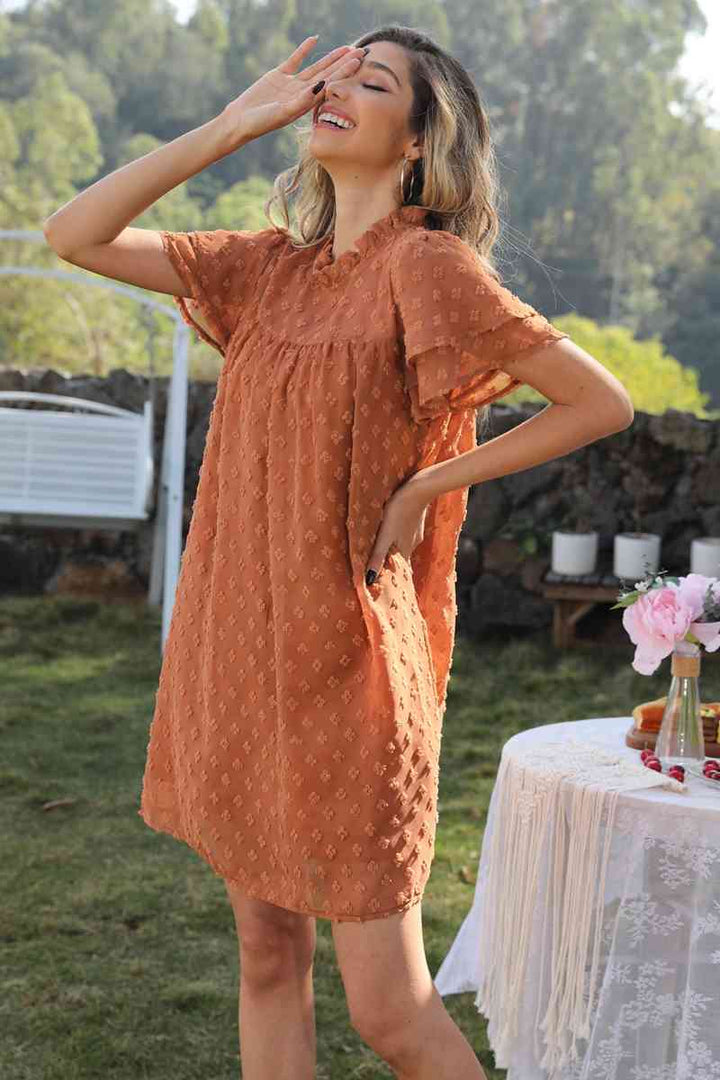 Swiss Dot Round Neck Flutter Sleeve Dress |1mrk.com