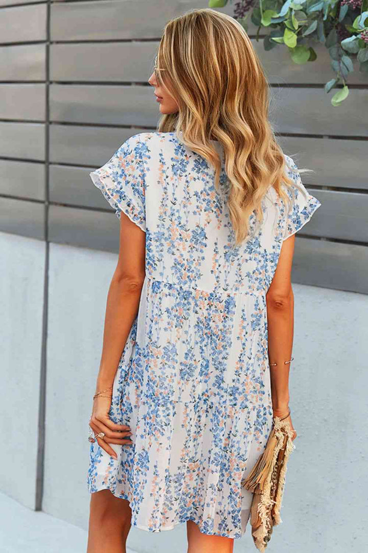 Printed V-Neck Short Sleeve Tiered Dress |1mrk.com