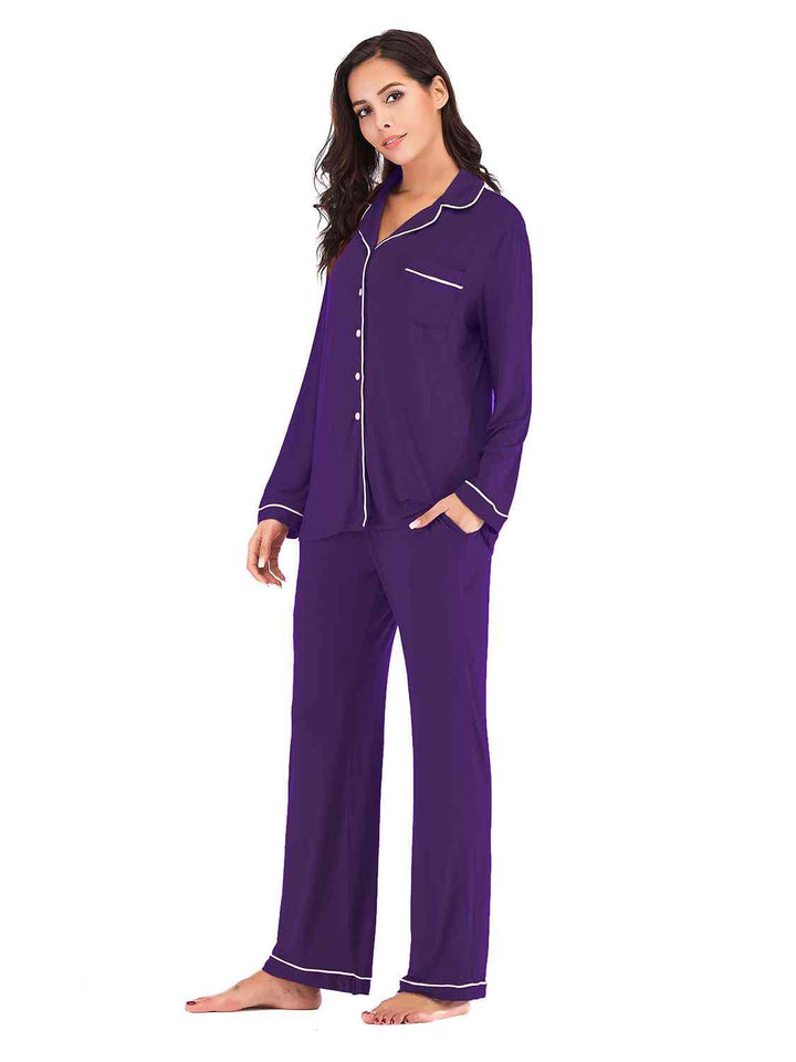 Collared Neck Long Sleeve Loungewear Set with Pockets | 1mrk.com