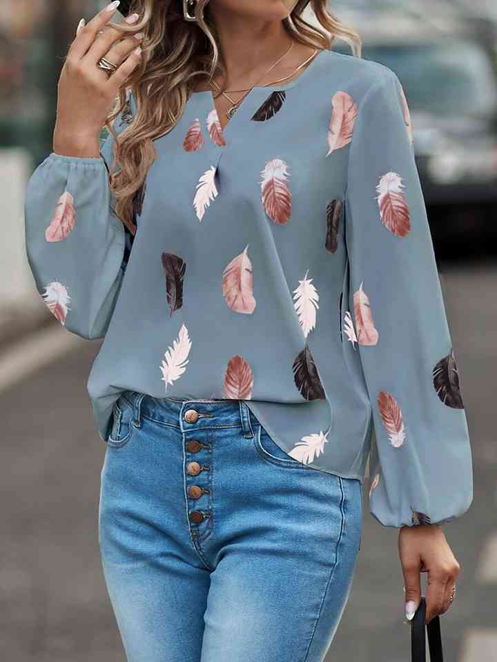 Printed Notched Neck Long Sleeve Blouse | 1mrk.com