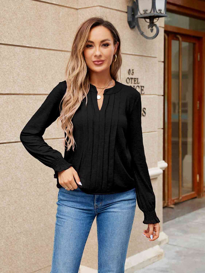 Pleated Notched Neck Flounce Sleeve Blouse | 1mrk.com