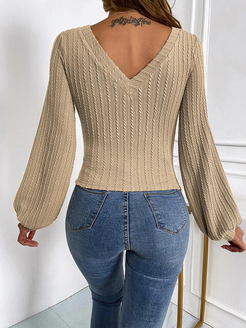 Ribbed V-Neck Lantern Sleeve Top | 1mrk.com