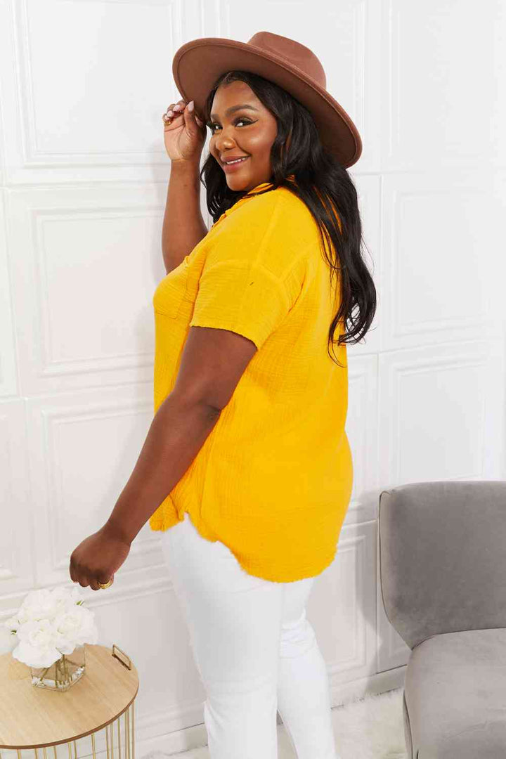 Zenana Full Size Summer Breeze Gauze Short Sleeve Shirt in Mustard |1mrk.com