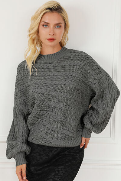 Cable-Knit Mock Neck Dropped Shoulder Sweater |1mrk.com