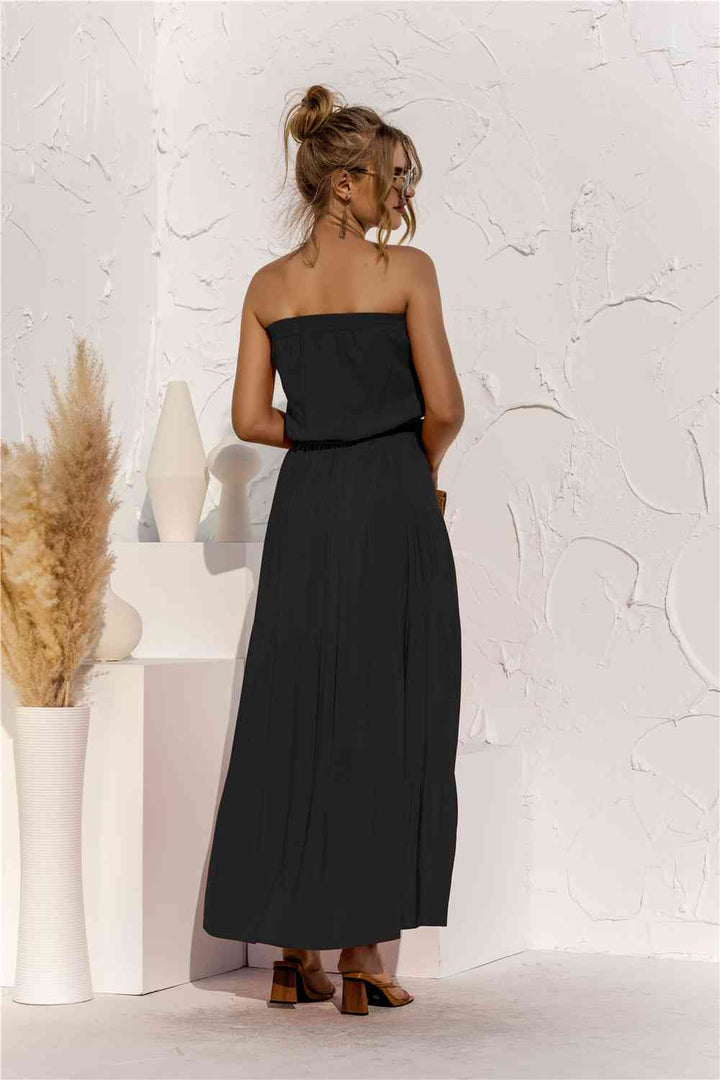 Strapless Tie Waist Tiered Maxi Dress |1mrk.com