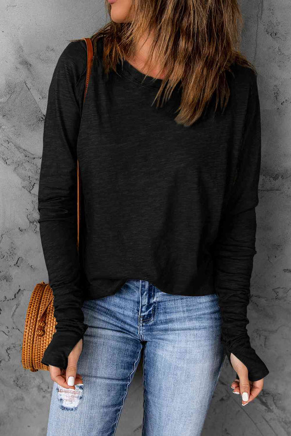 Thumbhole Long Sleeve Round Neck Top |1mrk.com