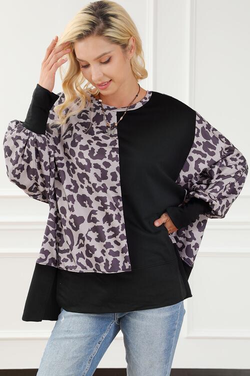 Leopard Round Neck Lantern Sleeve Slit Sweatshirt |1mrk.com