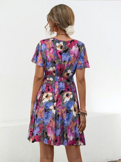 Printed Surplice Tie Waist Mini Dress |1mrk.com