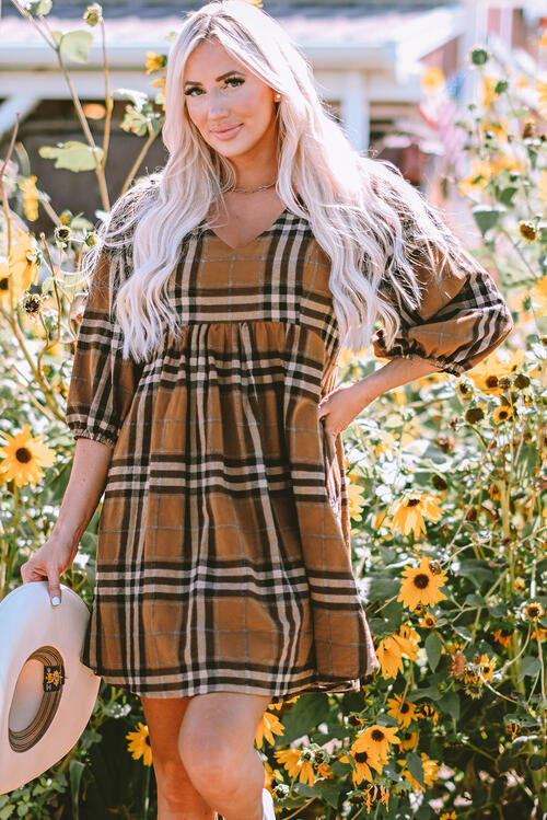 Plaid V-Neck Balloon Sleeve Dress |1mrk.com