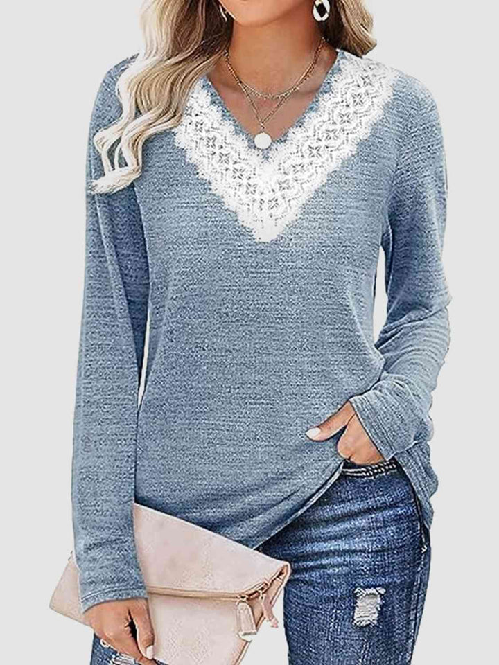 Lace Detail V-Neck Long Sleeve Top | 1mrk.com