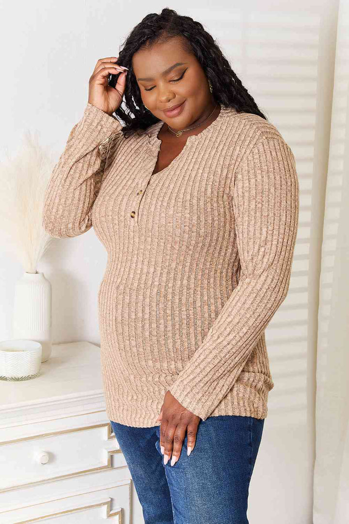 Double Take Notched Neck Ribbed Long Sleeve T-Shirt | 1mrk.com