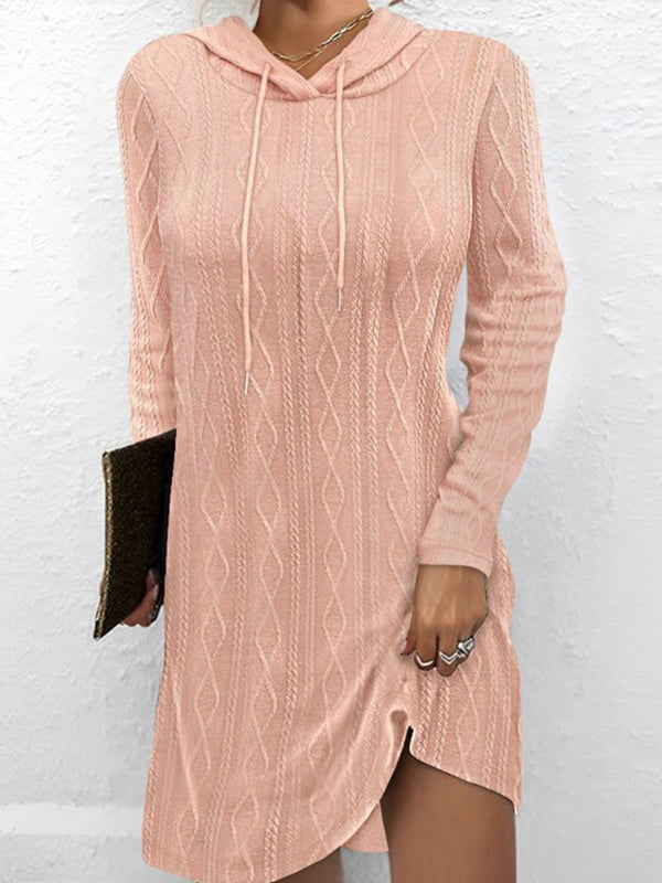 Textured Drawstring Long Sleeve Hooded Dress | Trendsi