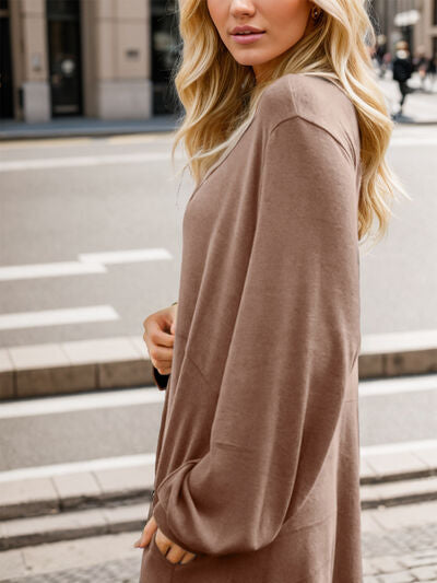 Half Button V-Neck Long Sleeve Dress with Pockets |1mrk.com