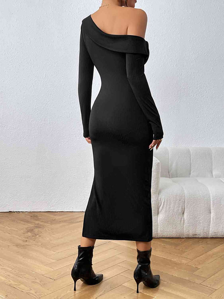 Asymmetrical Neck Long Sleeve Slit Dress |1mrk.com
