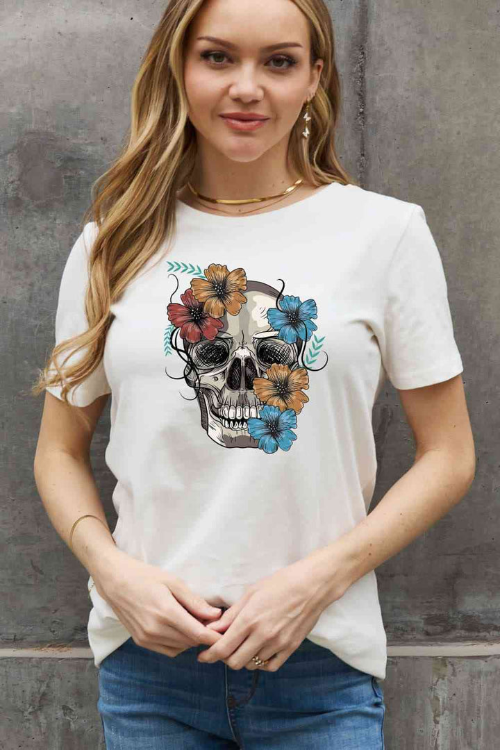 Simply Love Full Size Flower Skull Graphic Cotton Tee | 1mrk.com
