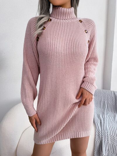 Decorative Button Turtleneck Sweater Dress |1mrk.com