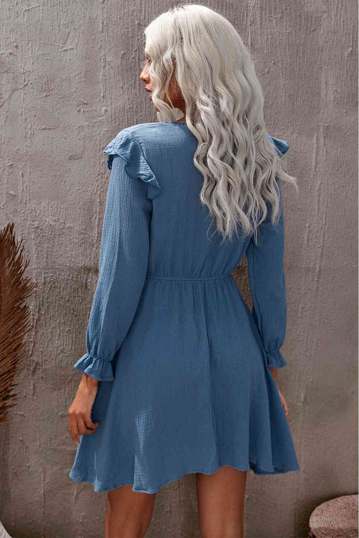 Ruffled V-Neck Flounce Sleeve Textured Dress |1mrk.com