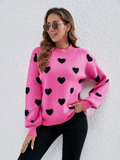 Heart Round Neck Dropped Shoulder Sweater |1mrk.com